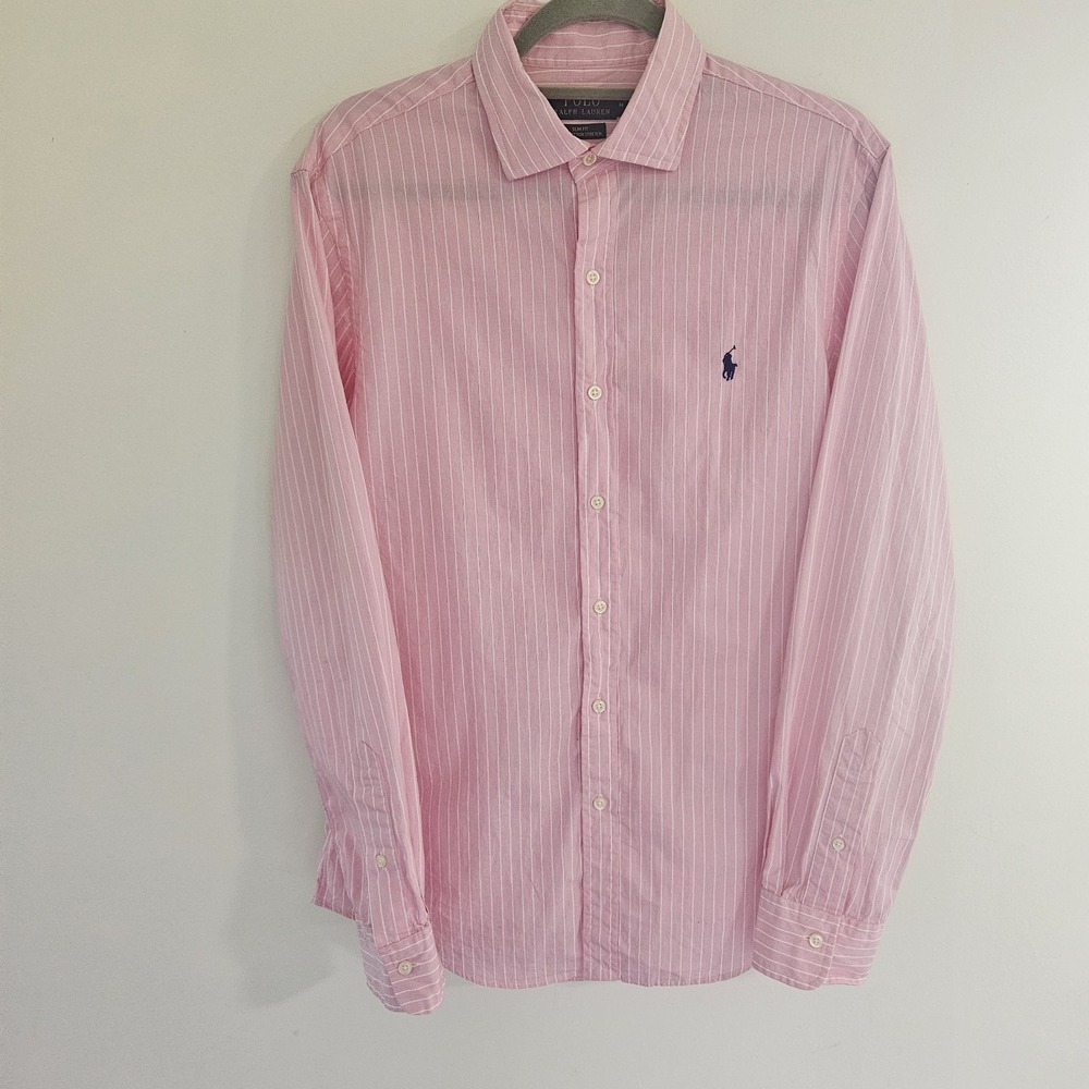 Ralph Lauren Custom Fit Long Sleeve Pink striped Button Down Mens Large